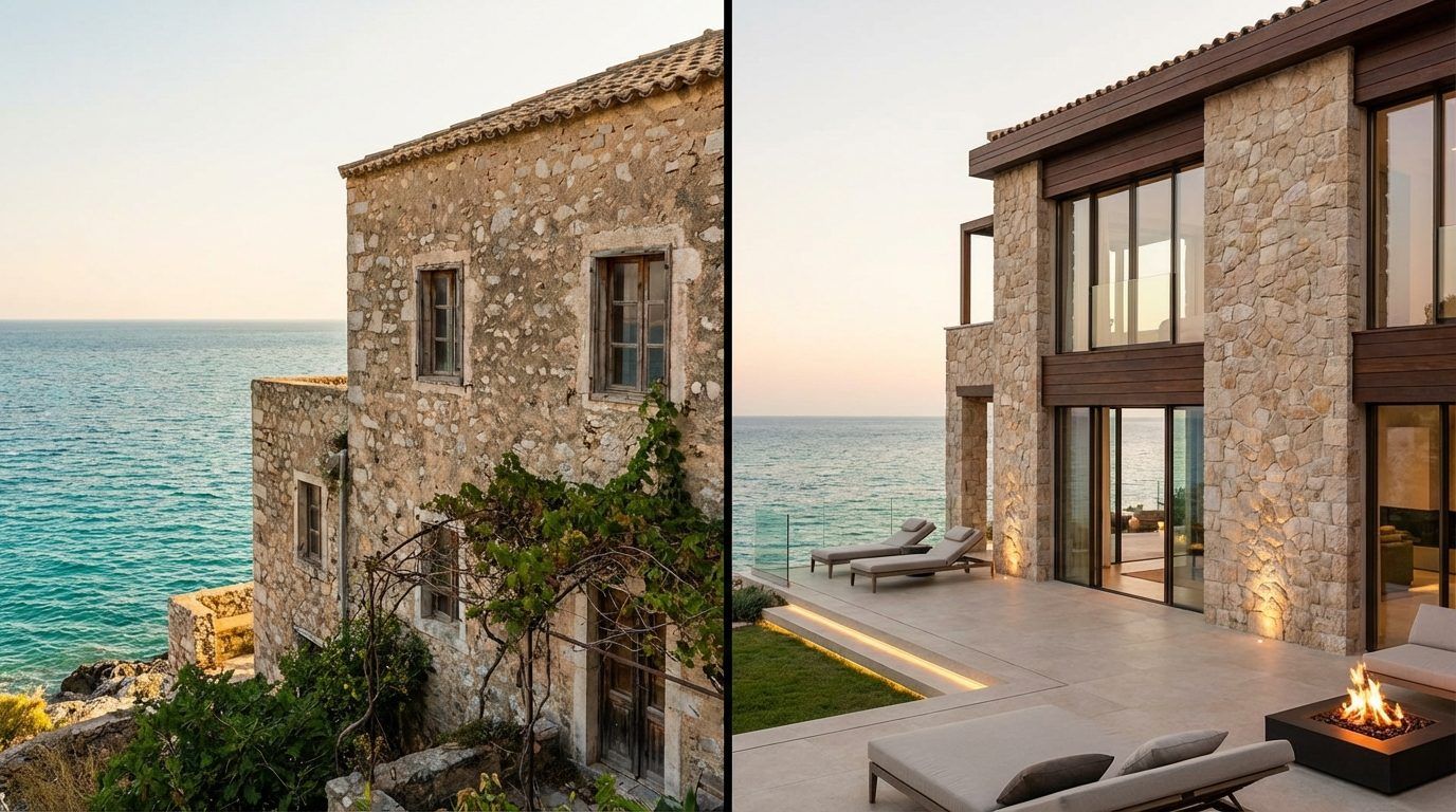 A stone house by the sea, before and after