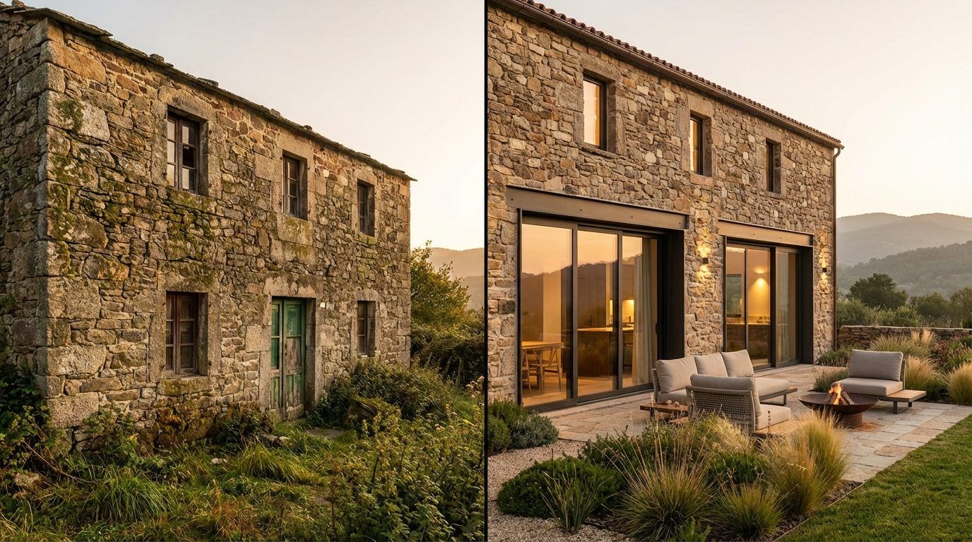 A stone farmhouse, before and after