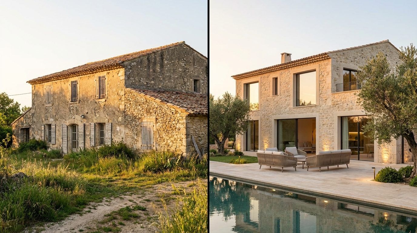 A stone villa with a pool, before and after
