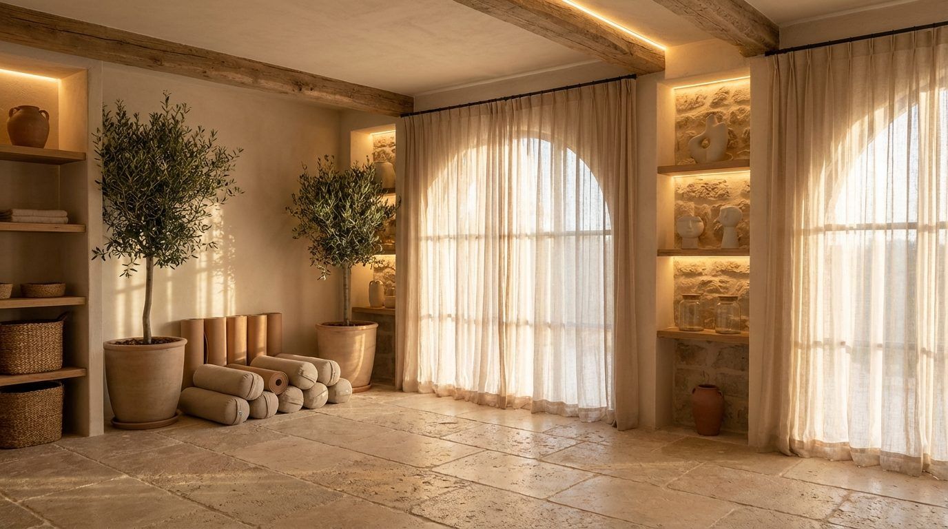 Interior with stone walls and wooden beams