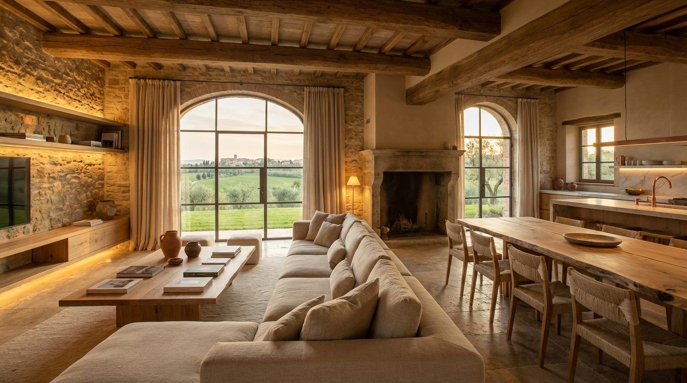 Living room with arched windows and a fireplace